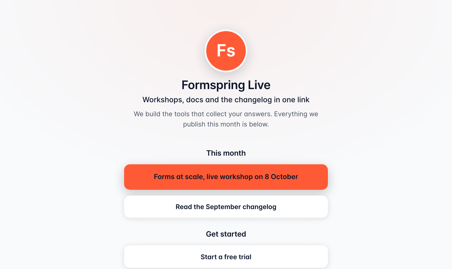 A published bio page with an avatar, a headline and grouped link blocks for a workshop, a changelog and a free trial.