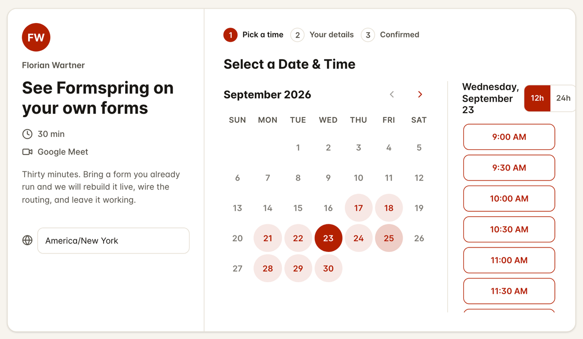 A branded booking page showing a September calendar with open days highlighted and the free times for the selected day listed beside it.